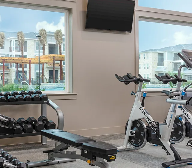 Modern fitness center with state-of-the-art spinning bikes, weight bench, and vibrant outdoor views.