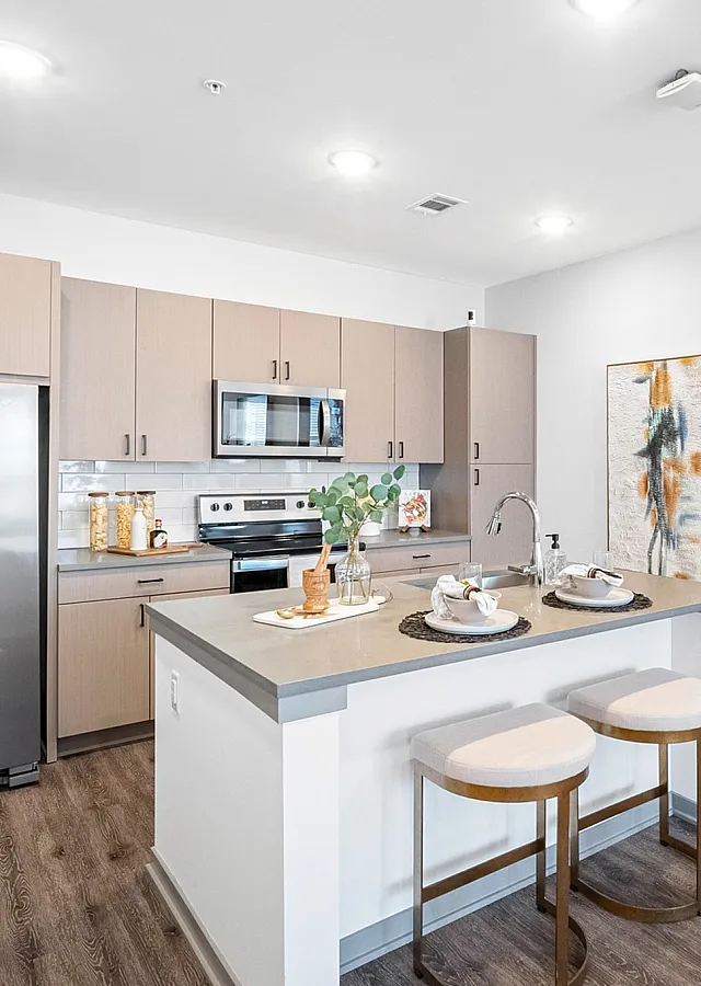 Modern kitchen with sleek cabinetry and stainless steel appliances, featuring a stylish island with seating and elegant decor accents.