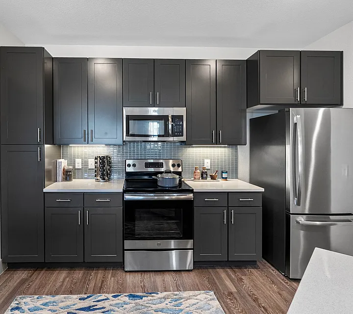 Modern kitchen with sleek dark cabinets, stainless steel appliances, and stylish tile backsplash.