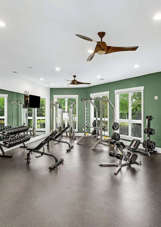 Modern fitness center with state-of-the-art equipment, sleek design, and ample natural light from large windows.