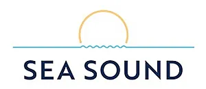 Modern logo featuring a stylized sun rising above a wavy horizon, with bold text 'Sea Sound' underneath.