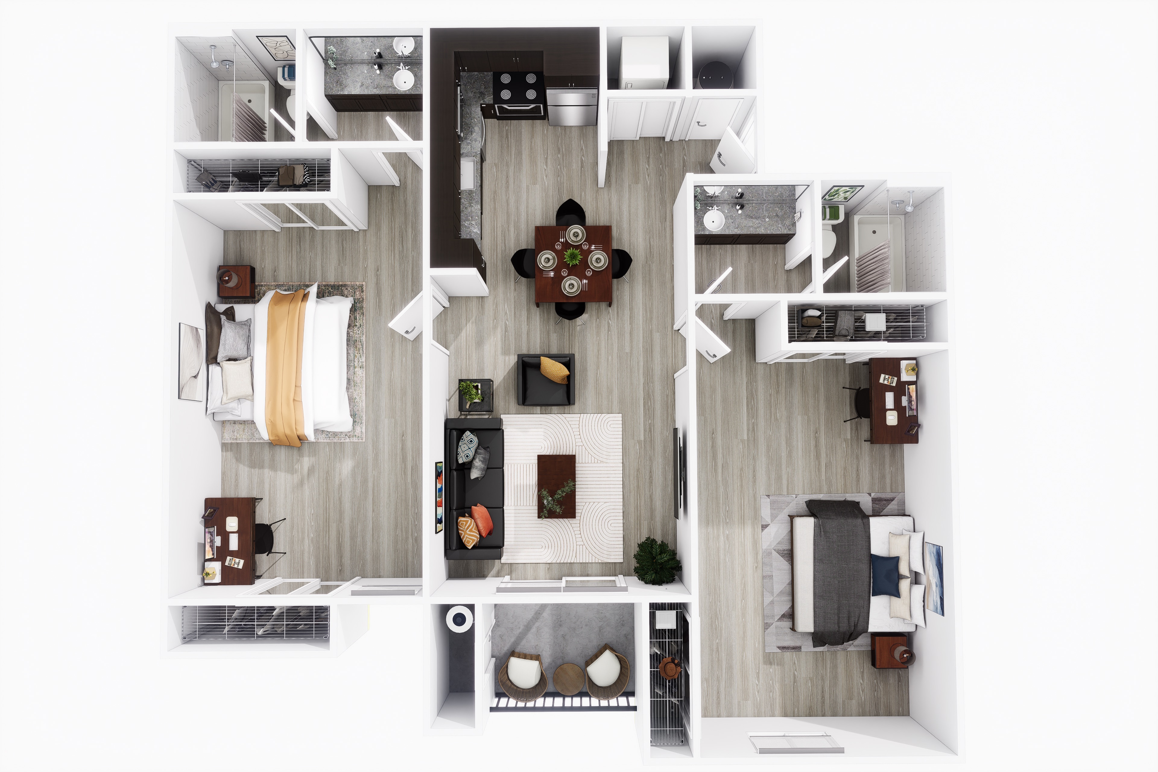 Contemporary 3D floor plan showcasing two cozy bedrooms, a modern open-plan kitchen, stylish living area, and two sleek bathrooms.