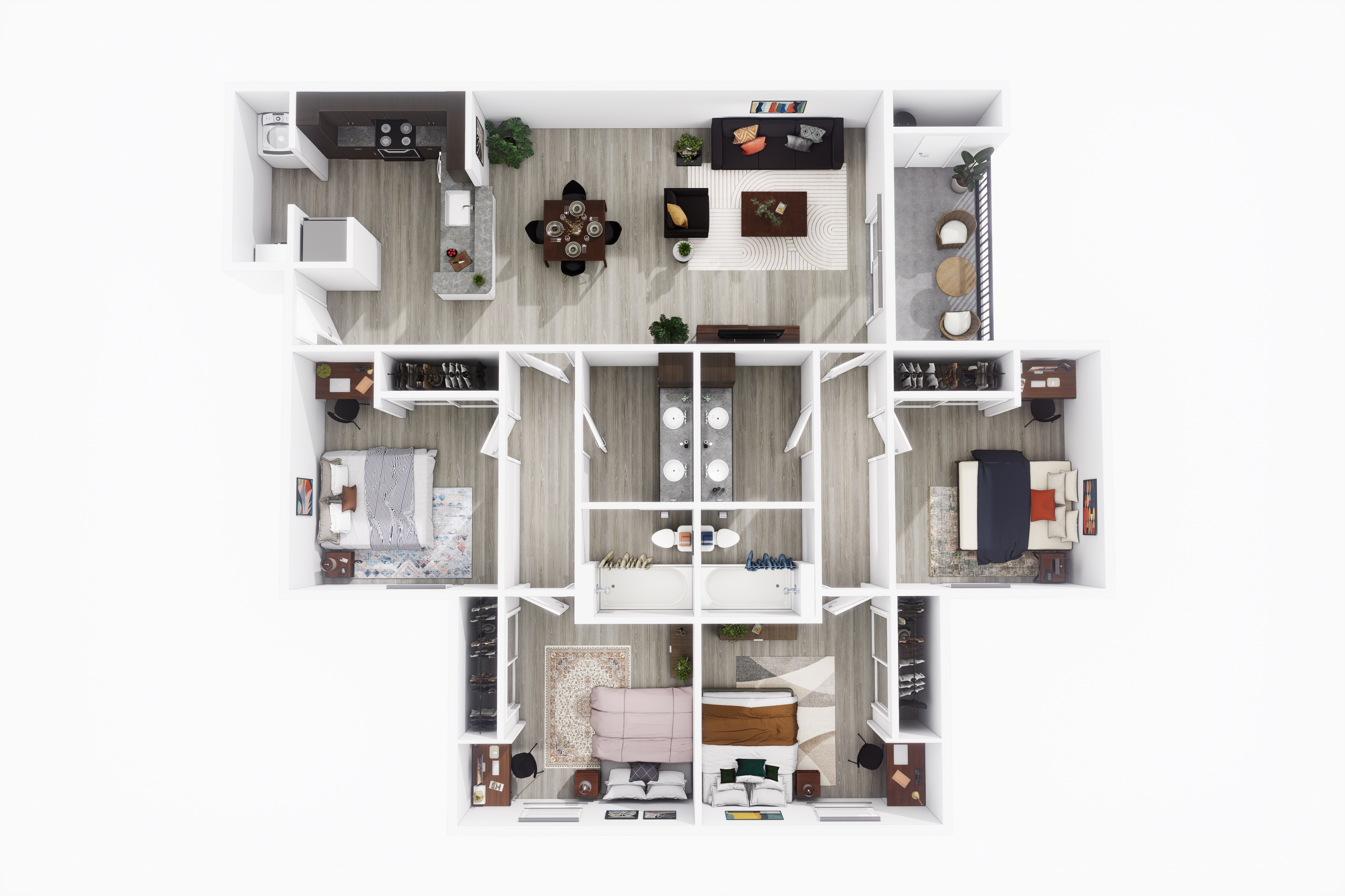 Modern 3D floor plan showcasing a spacious apartment with three bedrooms, an inviting living room, a sleek kitchen, and elegant dining area, designed for comfort and style.