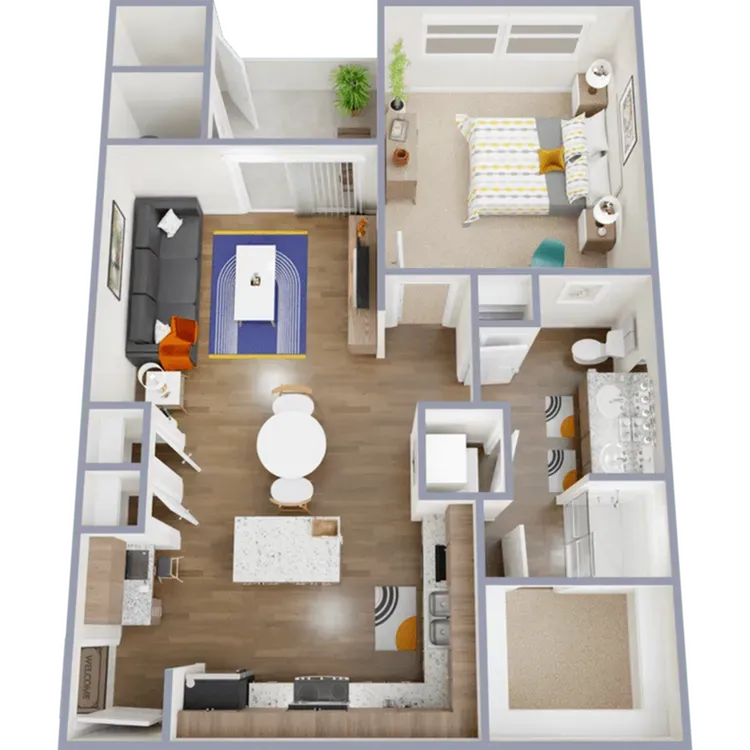 One bedroom, one bath, 726 square foot apartment home