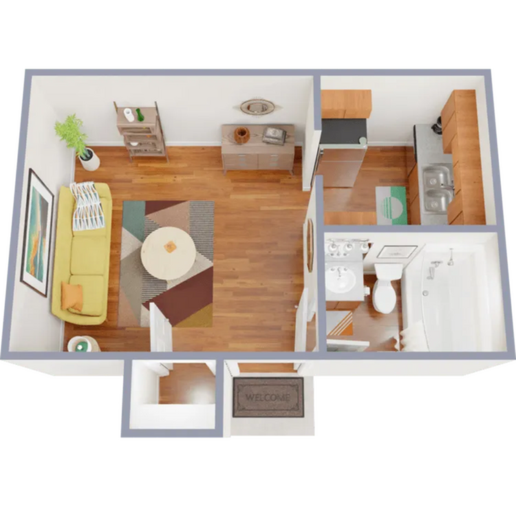 Studio floor plans ranging from 218 - 474 sq ft