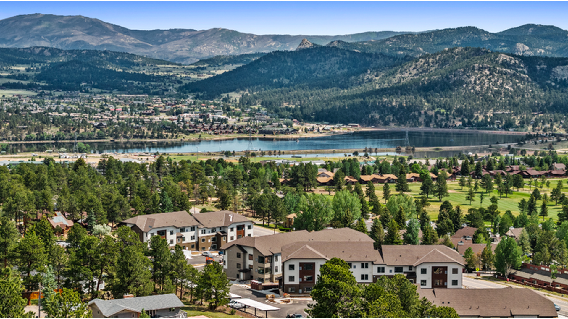Aerial view of Prospector Apartments and Estes Park