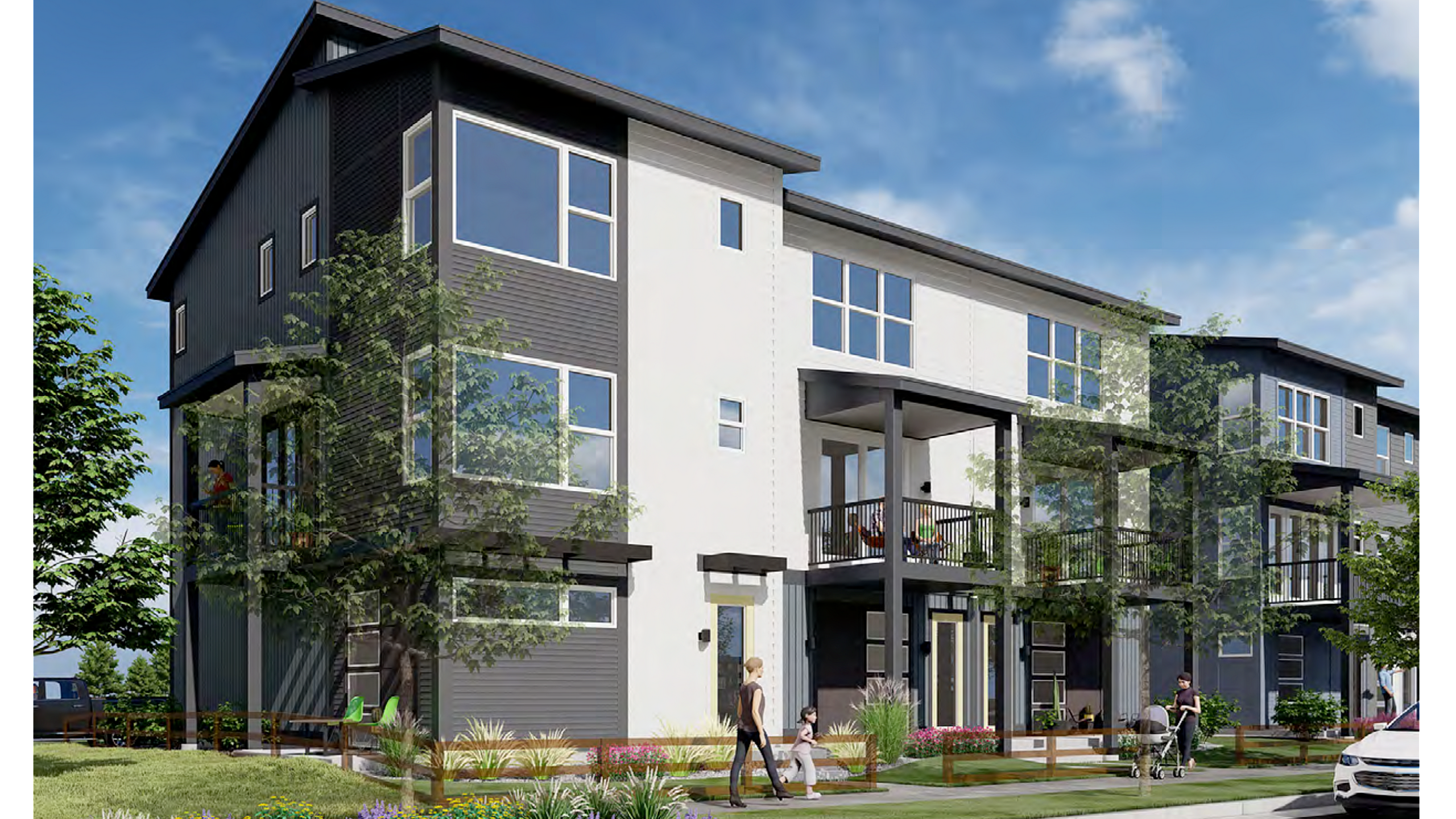 Modern three-story apartment building with large windows and a charming landscape.