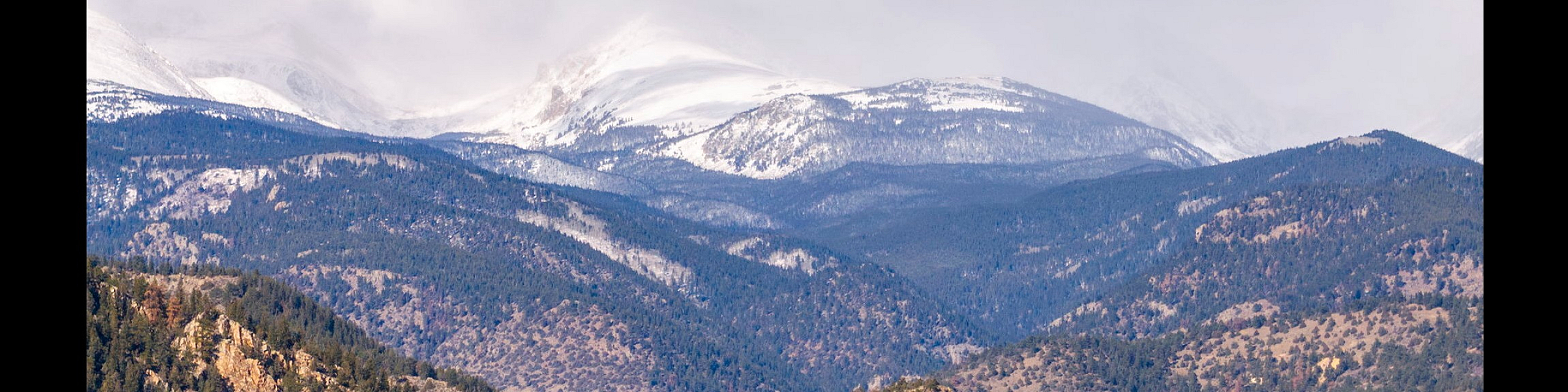 Breathtaking panoramic view of majestic snow-capped mountains and lush green pine forests under a vibrant sky.