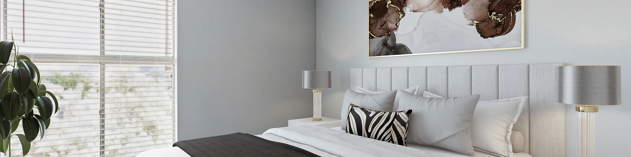 Elegant bedroom with modern decor, featuring a plush bed, stylish artwork, and large window for natural light.
