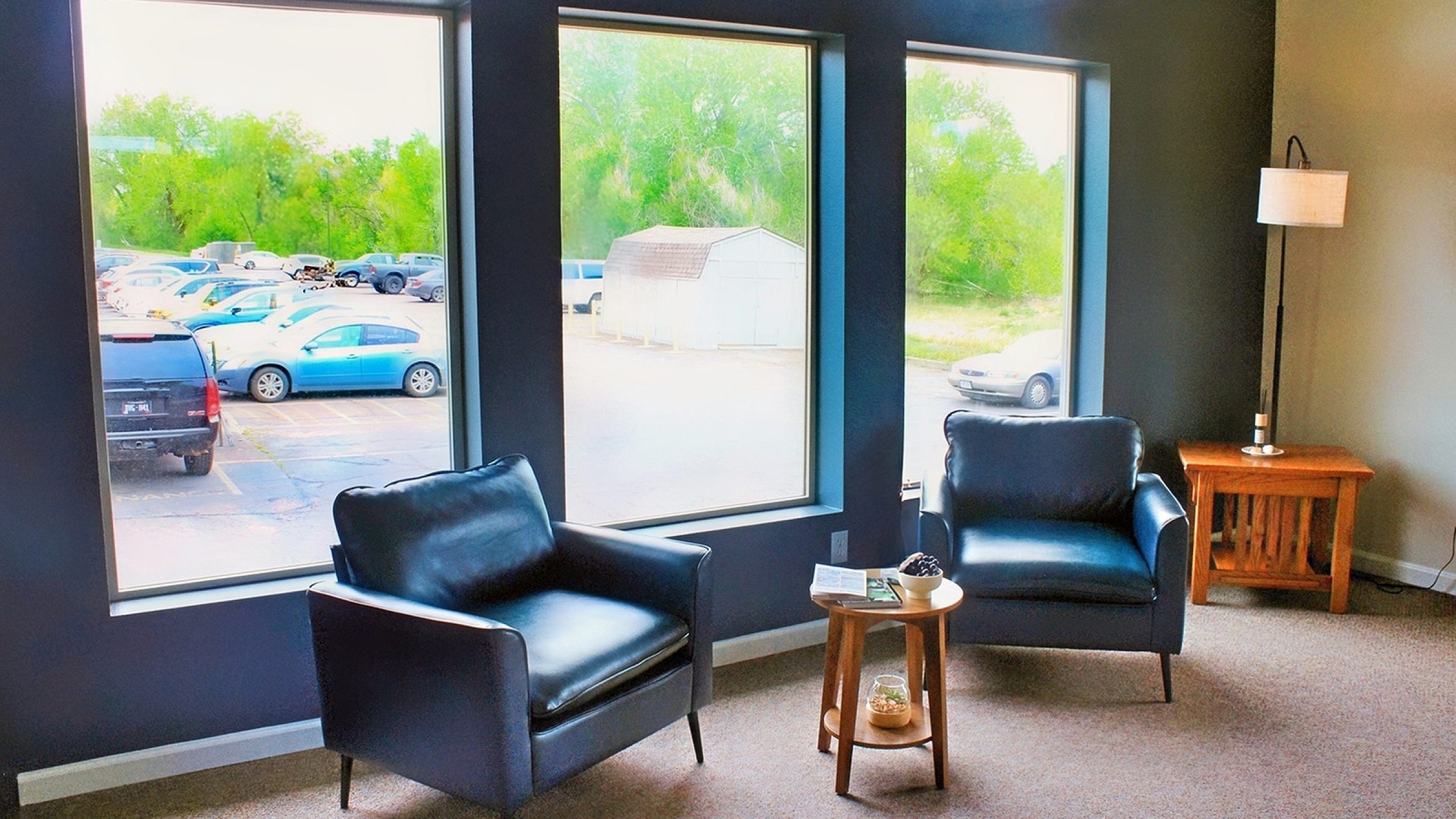 Inviting lounge area with two sleek leather chairs and a large window offering scenic views of greenery and ample natural light.