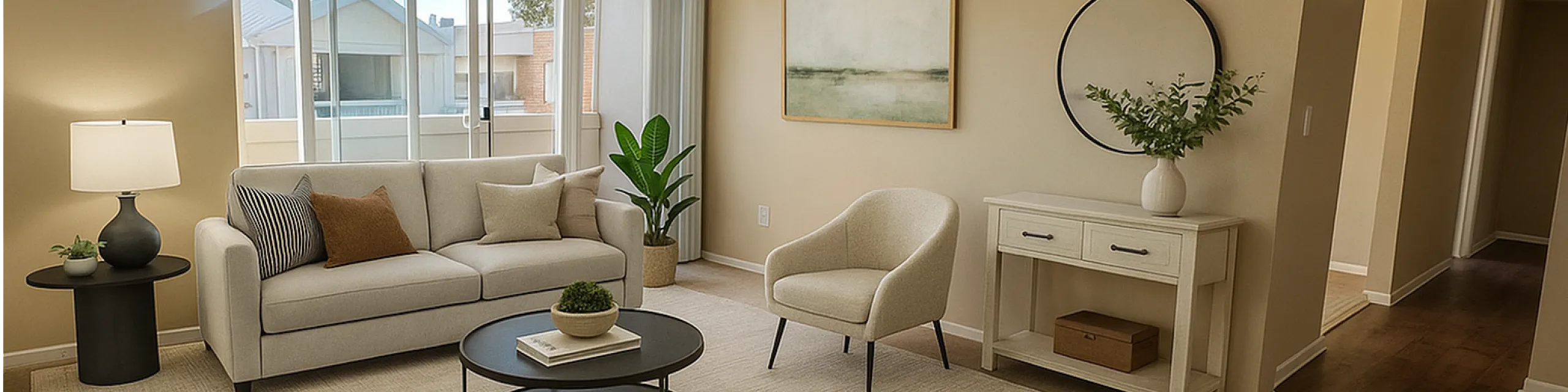 Bright and elegant living room with large windows, modern decor, and a cozy seating area on hardwood floors.