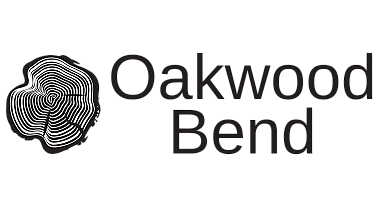 Modern Oakwood Bend logo with artistic tree ring design, reflecting a blend of nature and contemporary style.