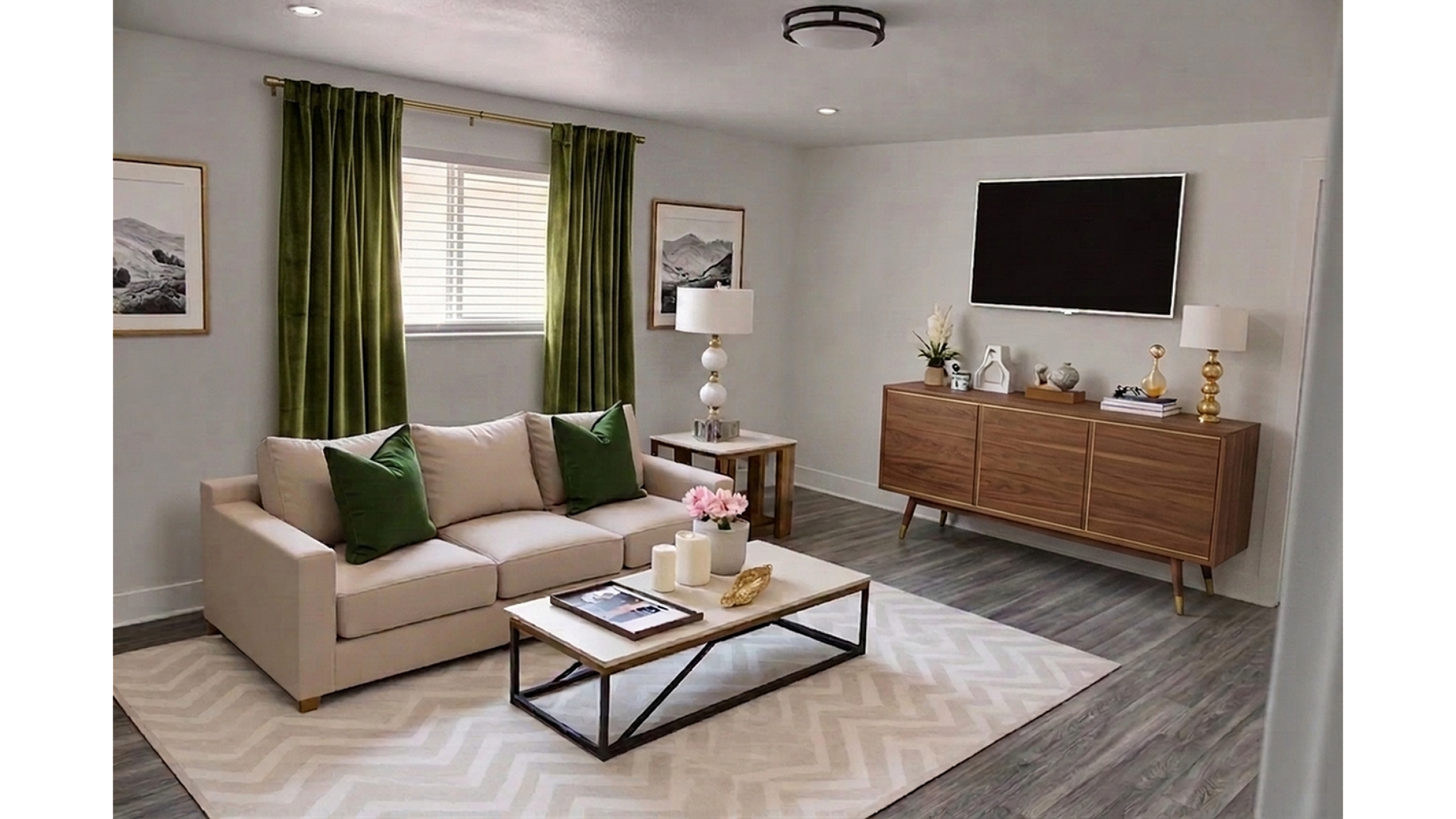Chic living room with a modern beige sofa, green accent pillows, elegant wooden furniture, and lush green curtains creating a stylish ambiance.