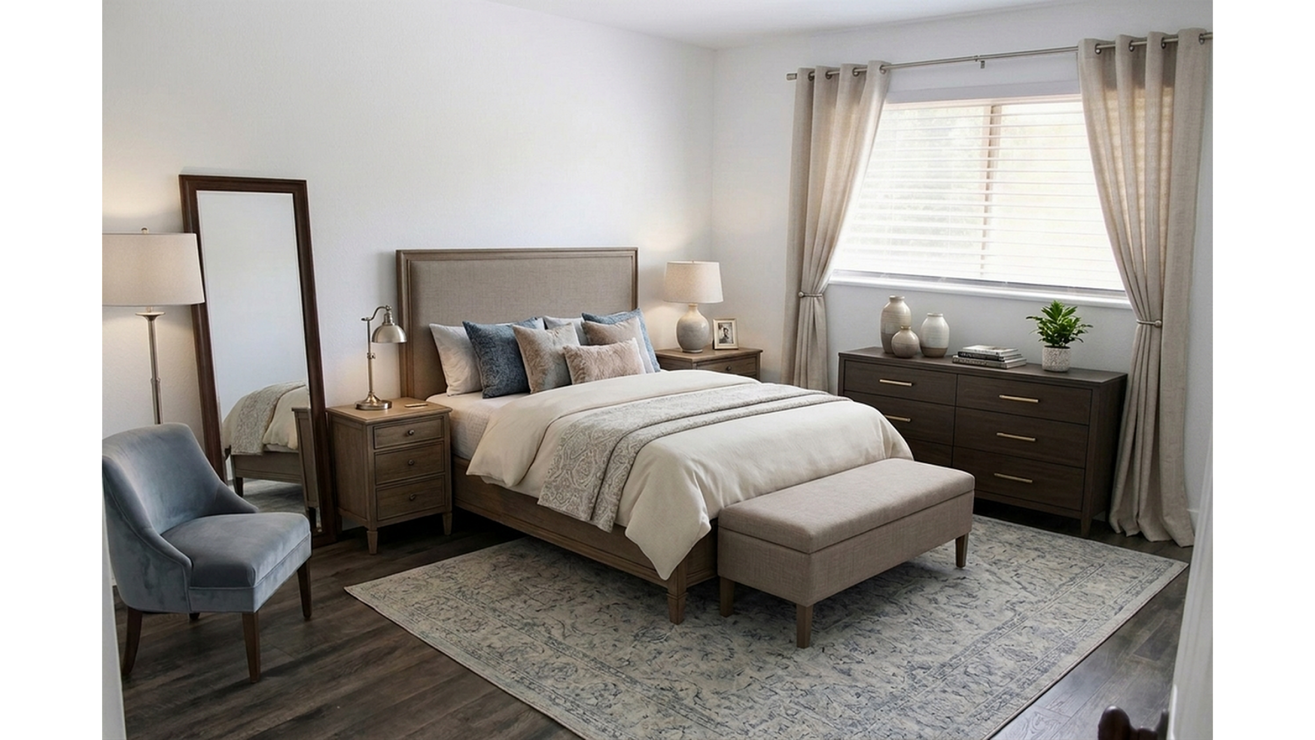 Elegant bedroom featuring a plush bed with decorative pillows, natural light flowing through large windows, chic furniture, and sophisticated decor.