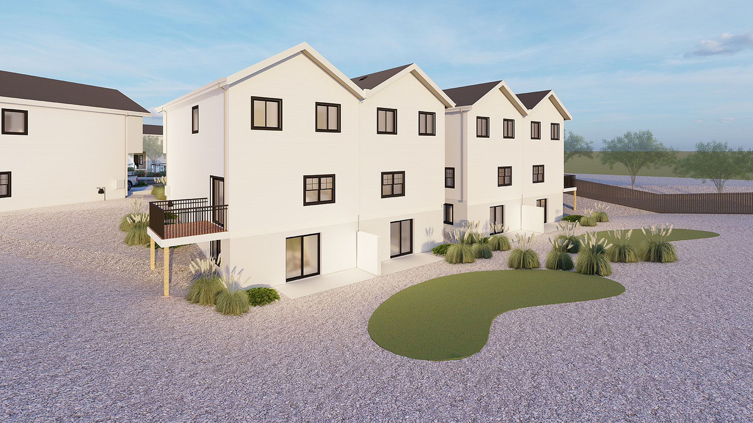 Elegant three-story townhouses with modern architecture, featuring charming balconies and beautiful landscaped surroundings.