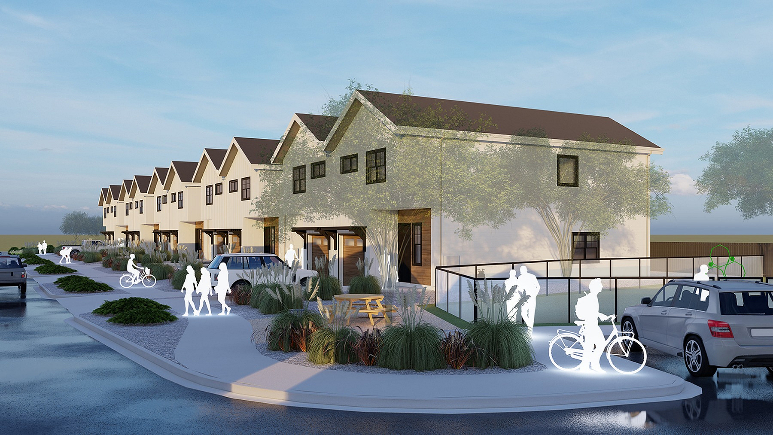 Charming row of modern townhouses with scenic landscaping, pedestrian-friendly paths, and convenient parking, ideal for active urban living.