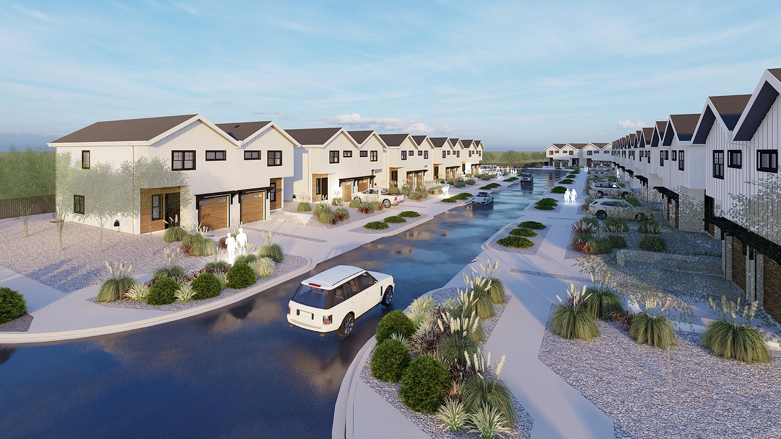 Charming residential street view with modern townhouses, manicured landscaping, and a serene neighborhood atmosphere.