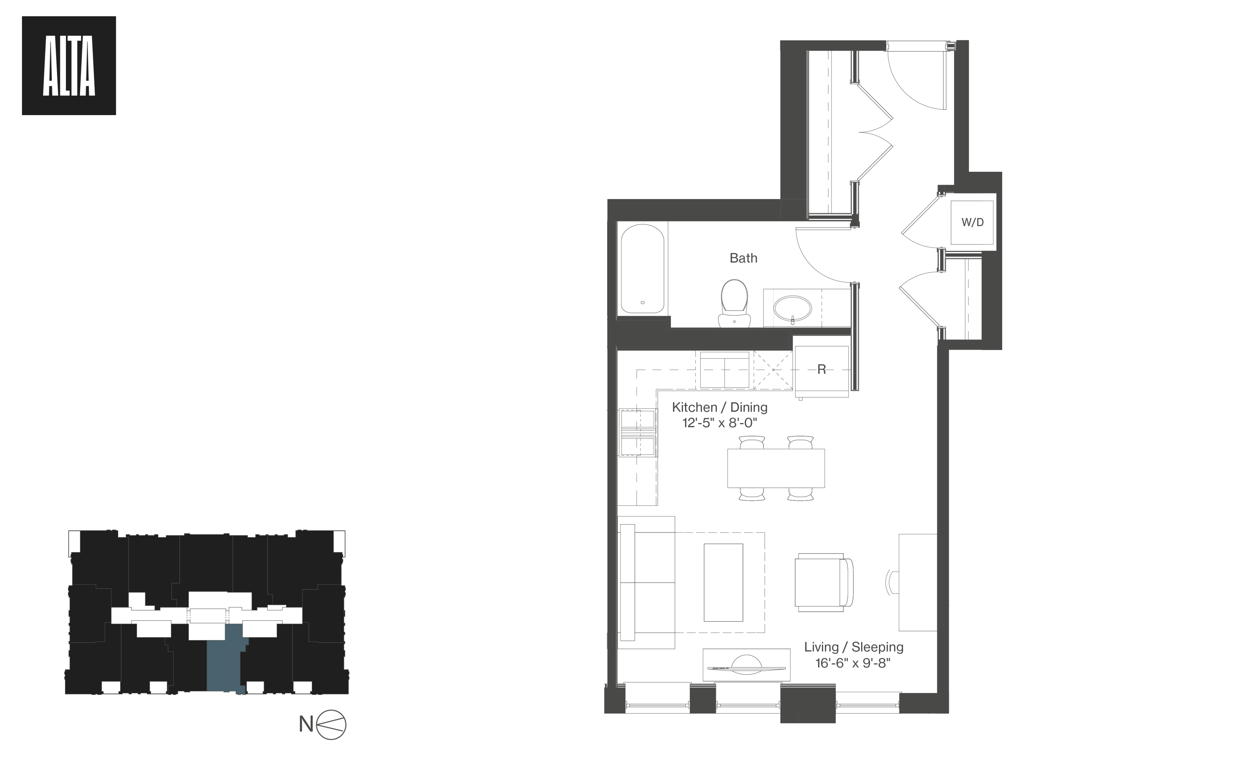 Modern floor plan featuring a versatile living and sleeping area, elegant kitchen/dining space, and a well-appointed bath.