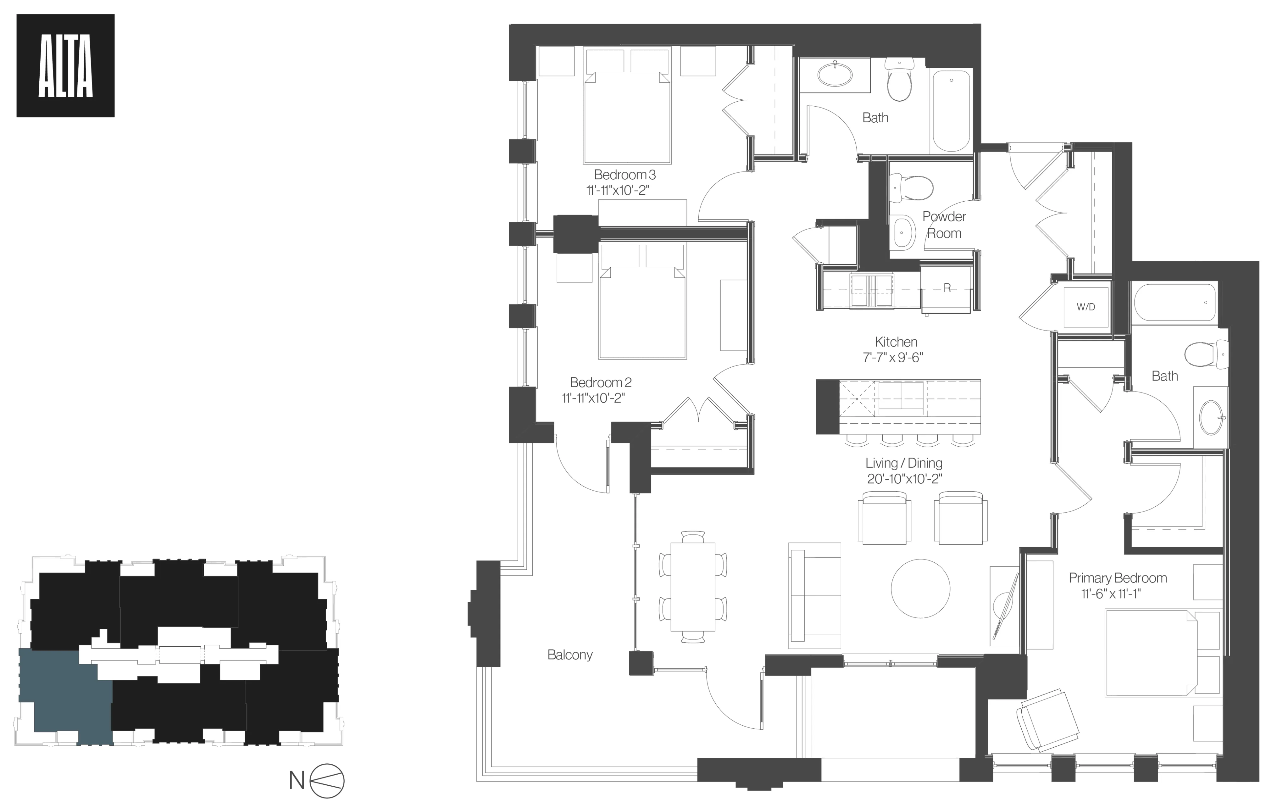 Elegant floor plan showcasing 3 bedrooms, spacious living/dining area, modern kitchen, and inviting balcony.