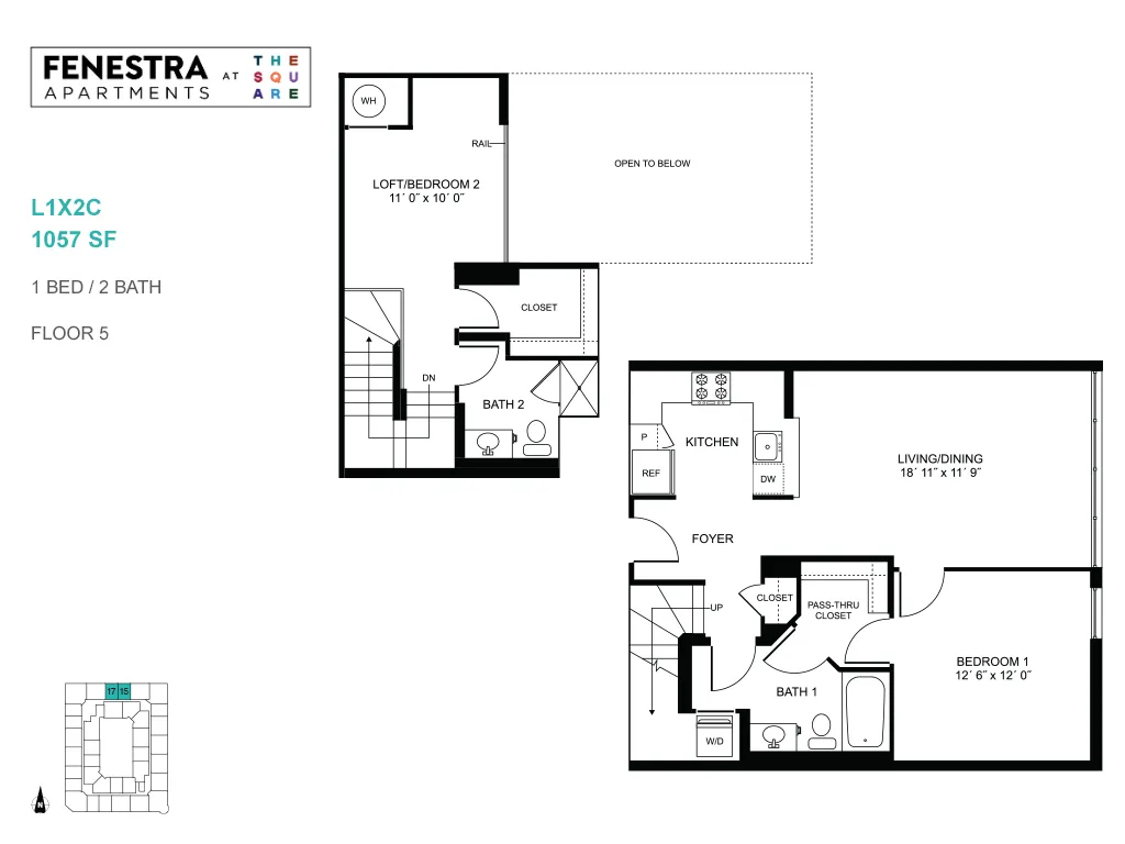 Inviting floor plan of Fenestra Apartments featuring a spacious loft, 1 bedroom, 2 bathrooms, modern kitchen, and open living area on Floor 5 with 1057 sq ft.
