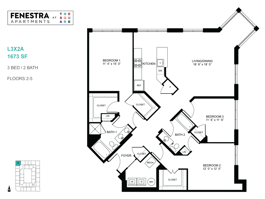 Elegant Fenestra Apartments floor plan featuring 3 spacious bedrooms, 2 modern bathrooms, and an expansive living/dining area with a stylish kitchen, ideal layout for comfortable living.