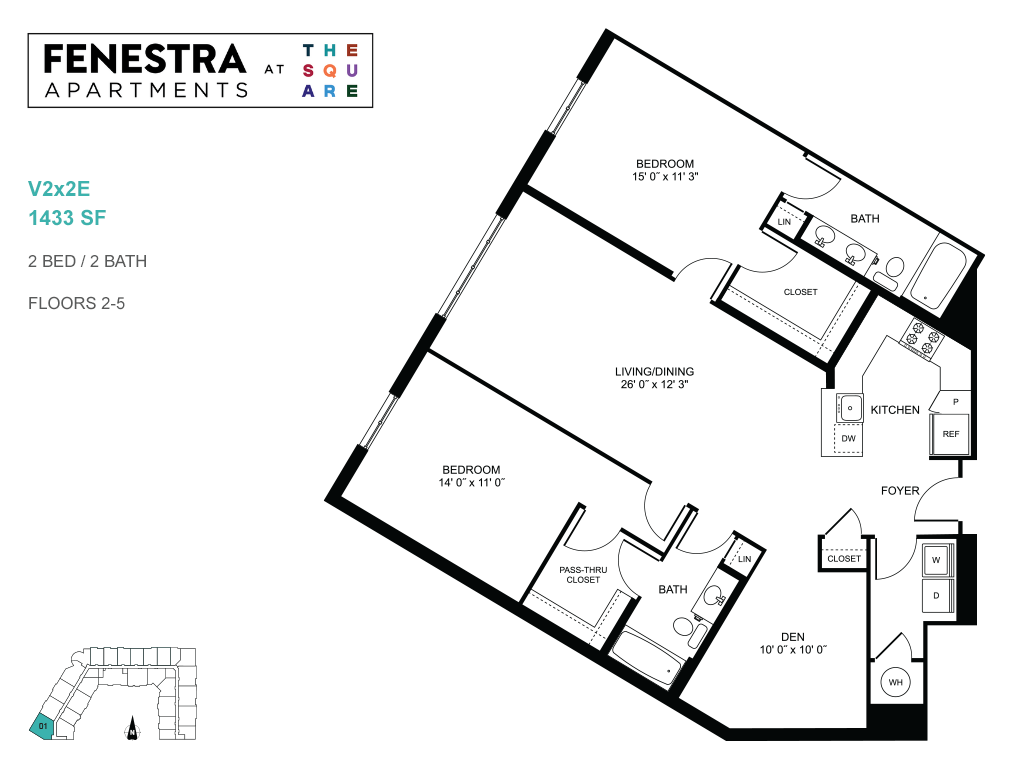Fenestra Apartments floor plan showcasing 1433 SF with 2 bedrooms, 2 bathrooms, a den, and an open-concept living/dining area.