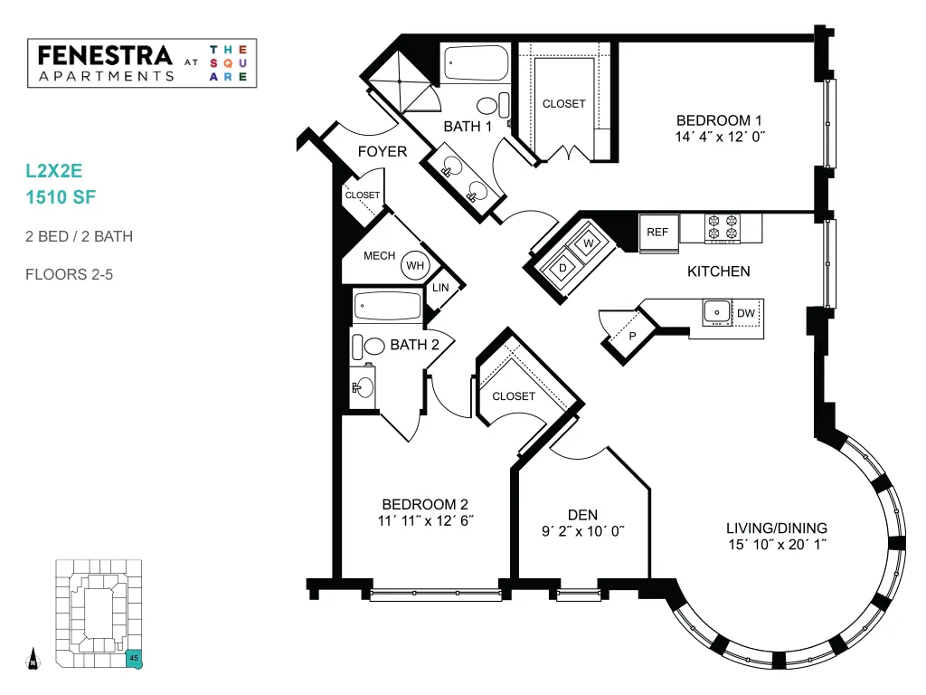 Fenestra Apartments L2X2E floor plan featuring 2 bedrooms, a den, 2 baths, and a spacious living/dining area with an open kitchen, spread over 1510 sq ft on floors 2-5.
