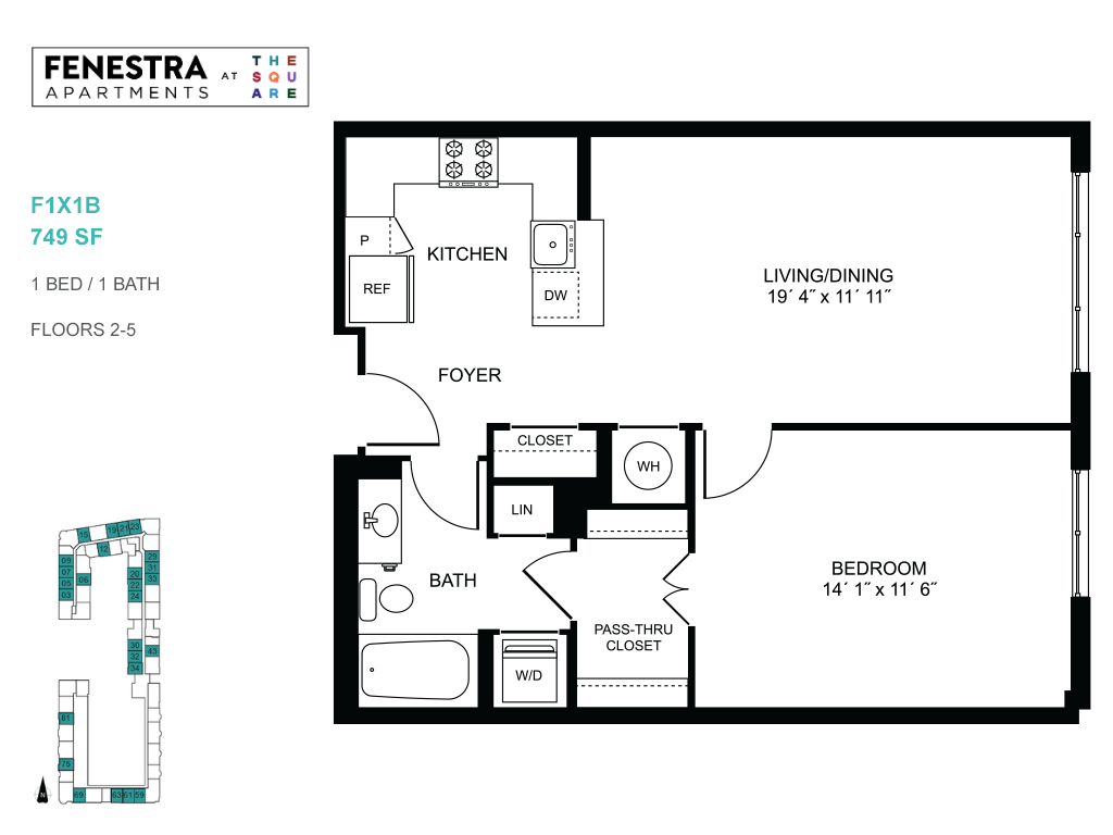 Chic Fenestra Apartments floor plan featuring 1 bedroom, 1 bath, open kitchen, and spacious living/dining area, 749 sq ft.