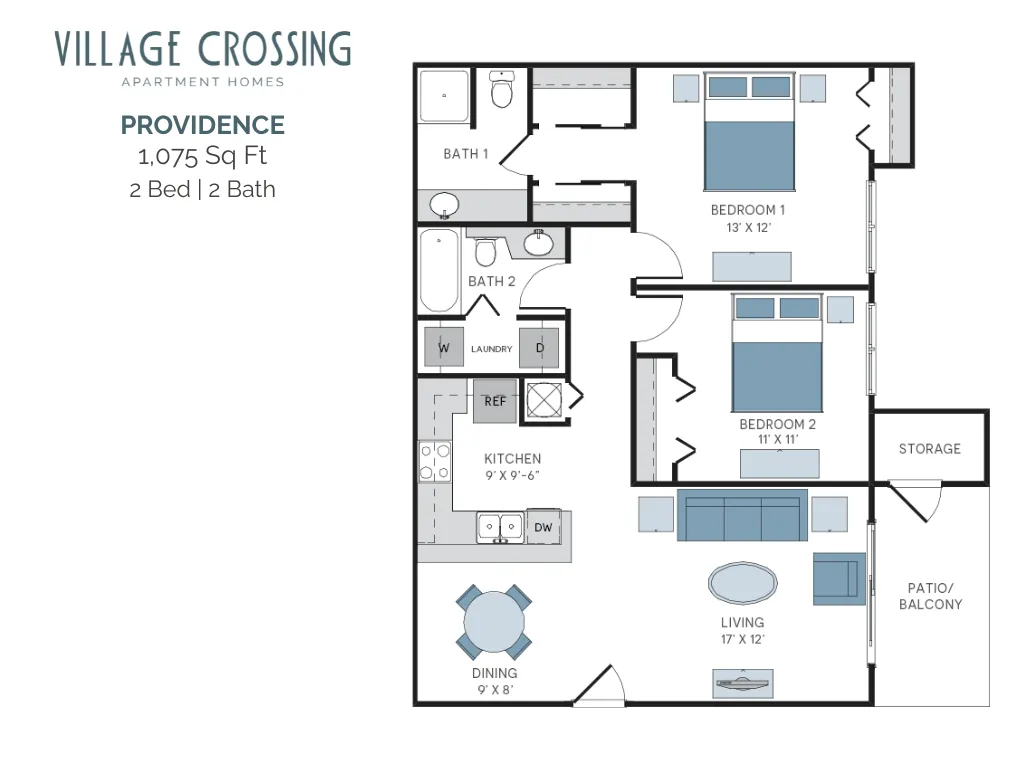 Village Crossing Providence floor plan featuring 2 bedrooms, 2 baths, spacious living area, modern kitchen, dining space, and patio, totaling 1,075 sq ft.