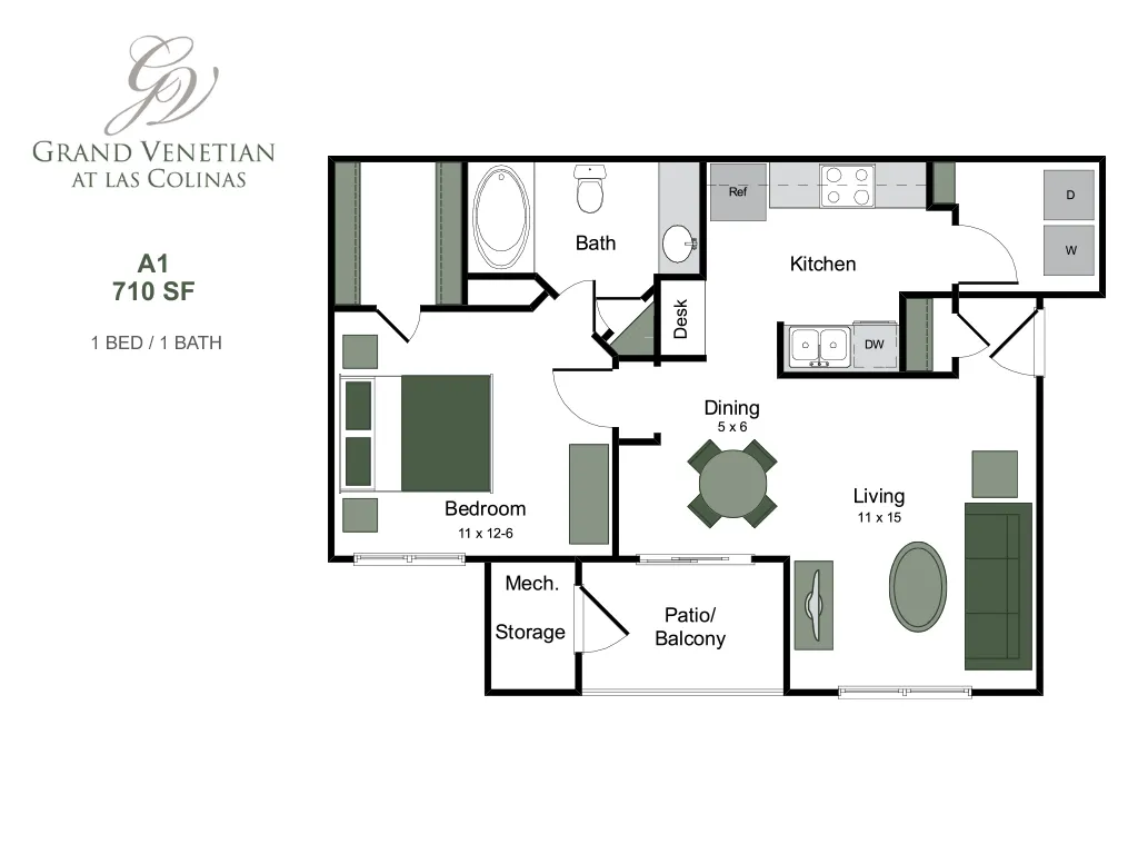 Cozy Grand Venetian floor plan featuring 1 bedroom and 1 bath, spacious kitchen, dining area, and a delightful patio, totaling 710 sq ft.