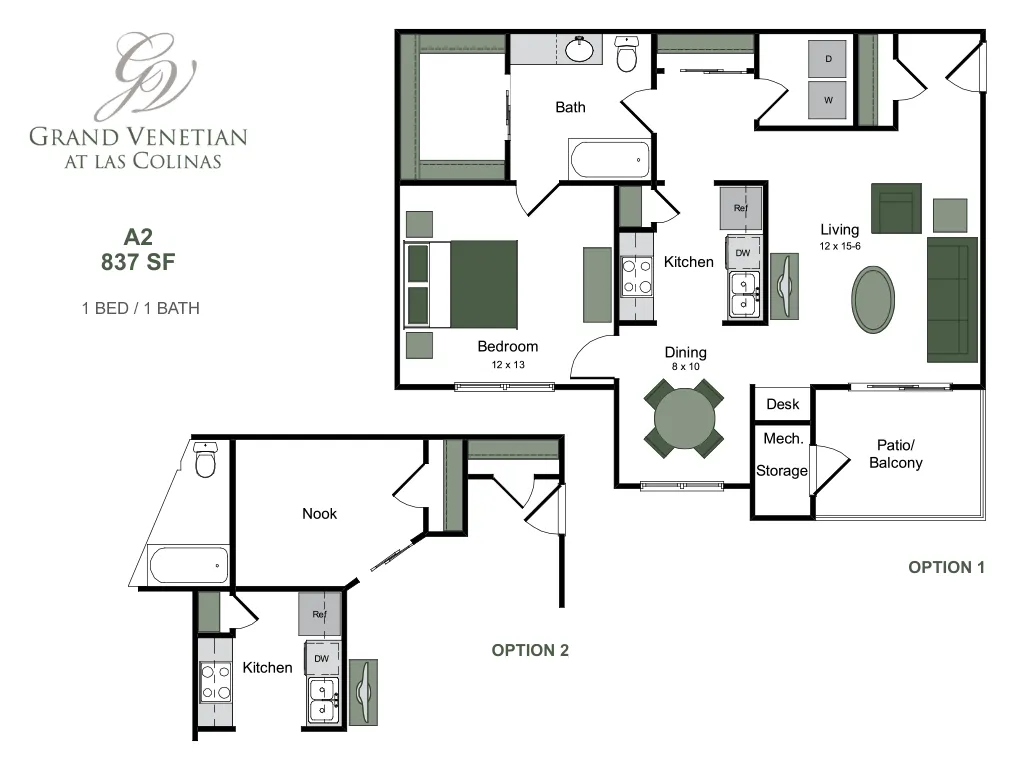 Elegant Grand Venetian floor plan with 1 bedroom, a spacious living area, modern kitchen, and balcony in 837 sq ft.