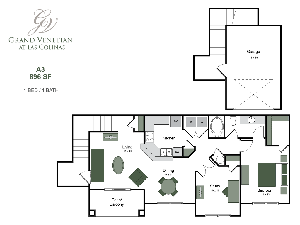 Elegant floor plan of Grand Venetian at Las Colinas showcasing 896 sq ft with 1 bedroom, 1 bath, a cozy living space, modern kitchen, and private patio. Includes study and spacious garage.