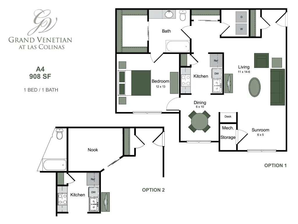 Elegant Grand Venetian at Las Colinas floor plan, showcasing a spacious 1 bedroom, 1 bath layout with a contemporary kitchen, cozy living room, and versatile sunroom options for added space, totaling 908 sq ft.