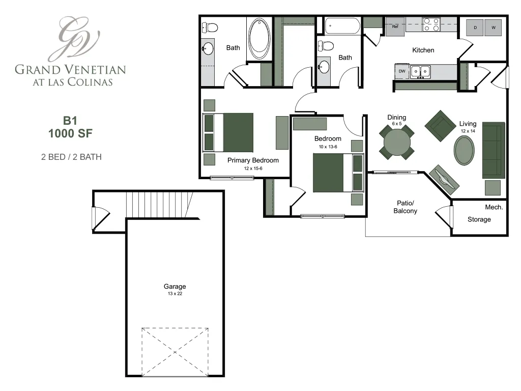 Grand Venetian at Las Colinas spacious 1000 SF floor plan featuring 2 bedrooms, 2 baths, an open kitchen, dining area, inviting living room, and a private patio. Includes a convenient garage space.
