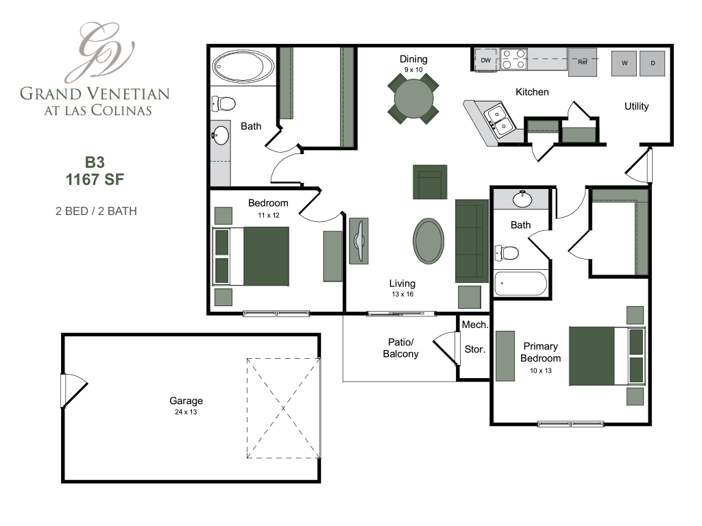 Grand Venetian at Las Colinas floor plan featuring 2 bedrooms, a spacious living area, modern kitchen, and private patio, totaling 1167 sq ft.
