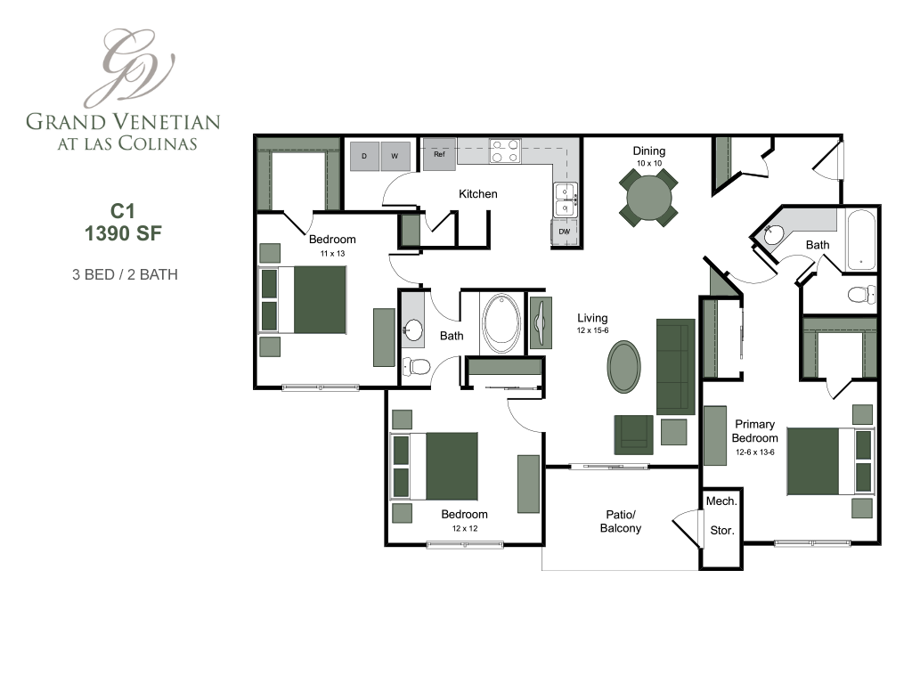 Grand Venetian floor plan detailing 3 bedrooms, spacious living area, modern kitchen, and serene patio. 1390 sq ft of elegant living space.