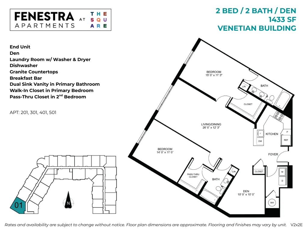 1433 SF 2 bedroom, 2 bathroom apartment with den