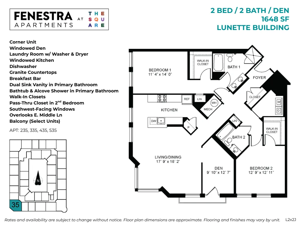 1648 SF 2 bedroom, 2 bathroom apartment with den