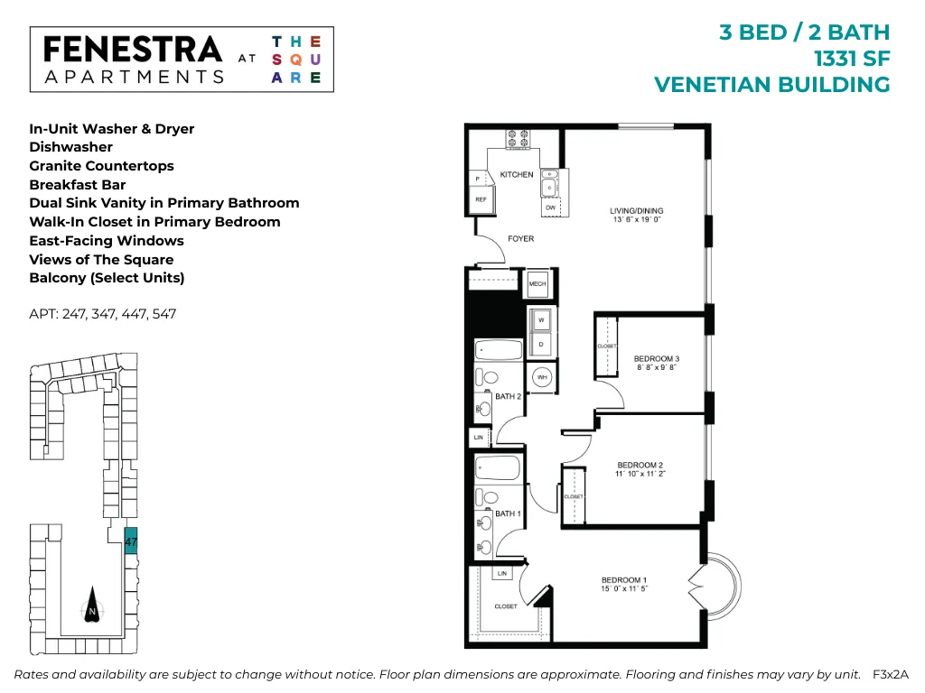 1331 SF 3 bedroom, 2 bathroom apartment