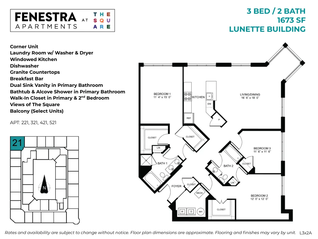 1673 SF 3 bedroom, 2 bathroom apartment