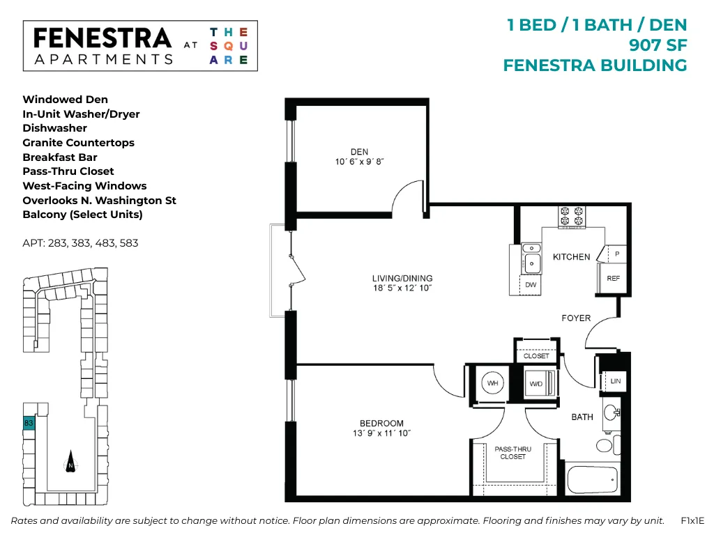 907 SF 1 bedroom, 1 bathroom apartment with den