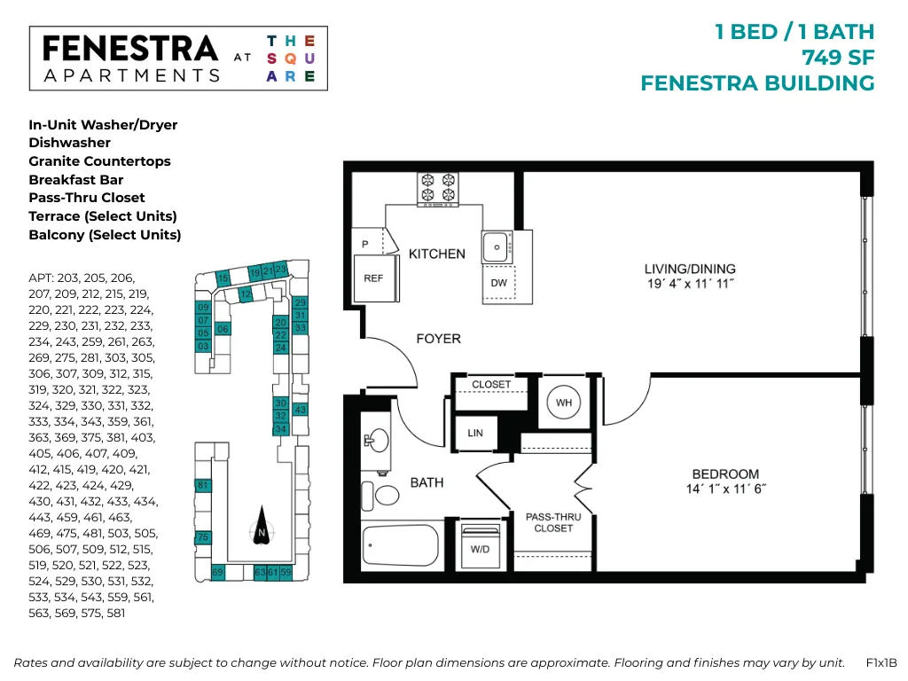 749 SF 1 bedroom, 1 bathroom apartment