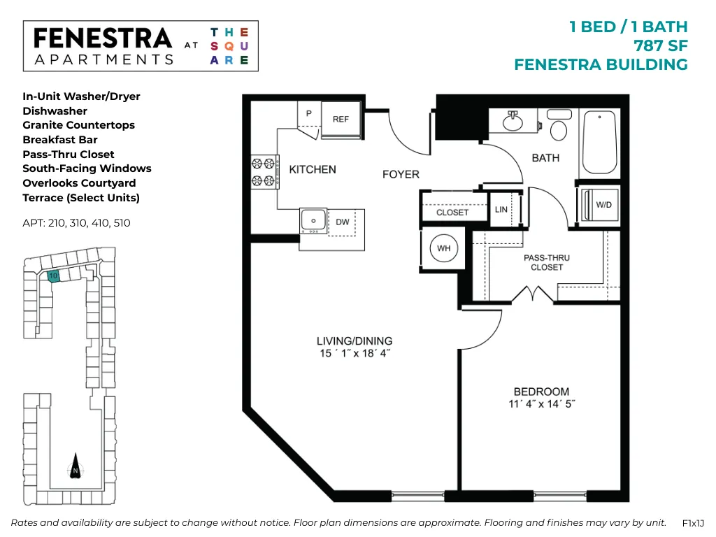 787 SF 1 bedroom, 1 bathroom apartment