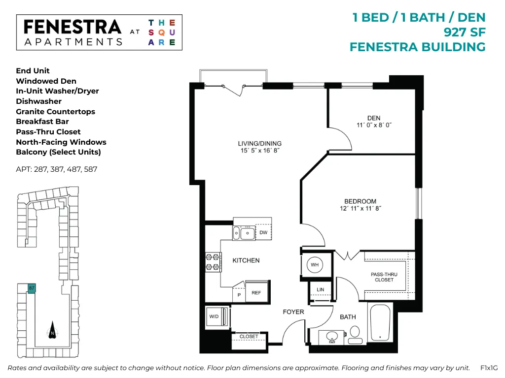 927 SF 1 bedroom, 1 bathroom with den