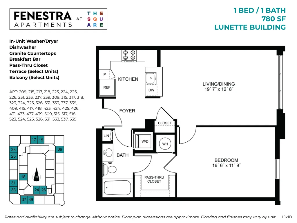 780 SF 1 bedroom, 1 bathroom apartment