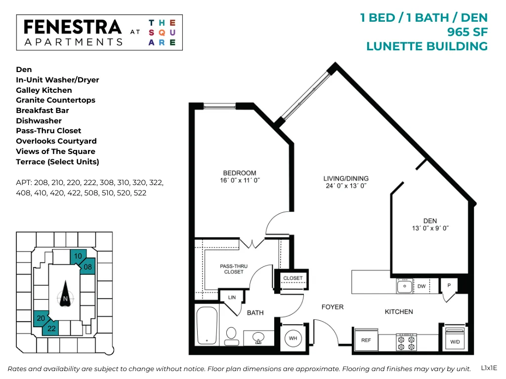 965 SF 1 bedroom, 1 bathroom with den
