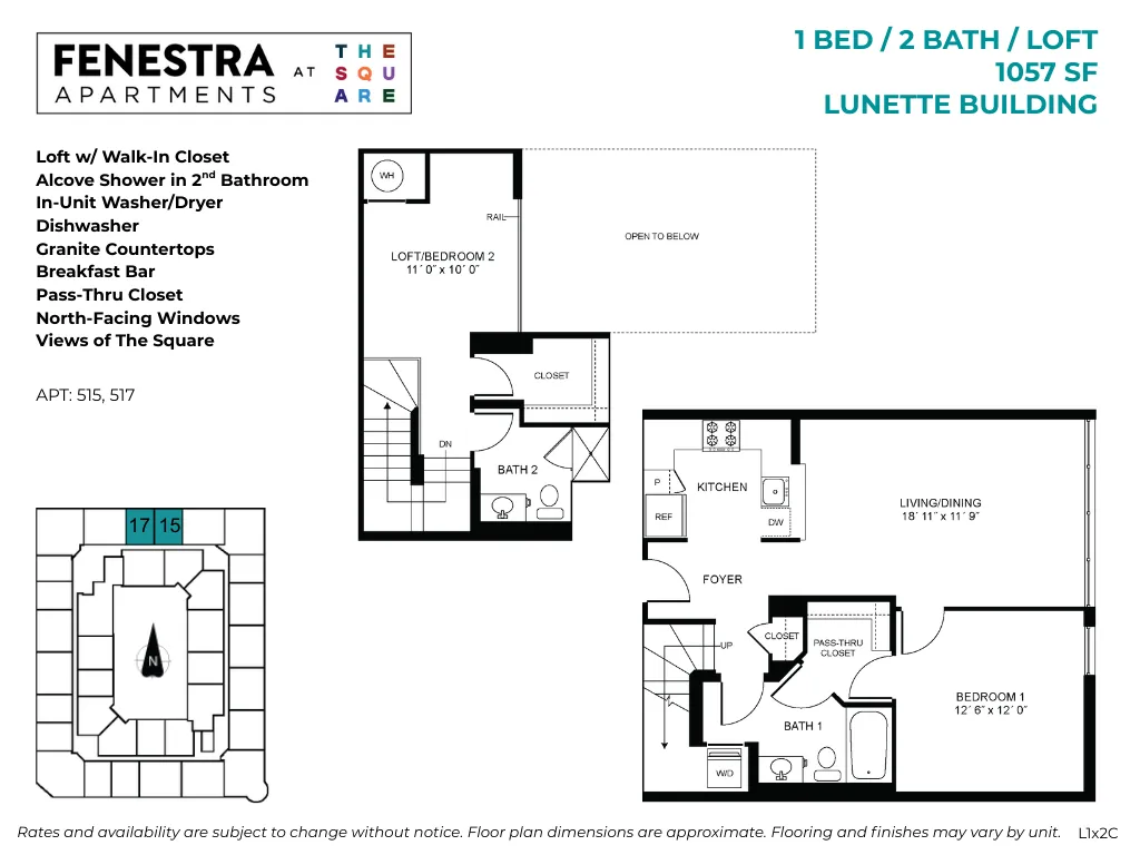 1057 SF 1 bedroom, 2 bathroom loft apartment