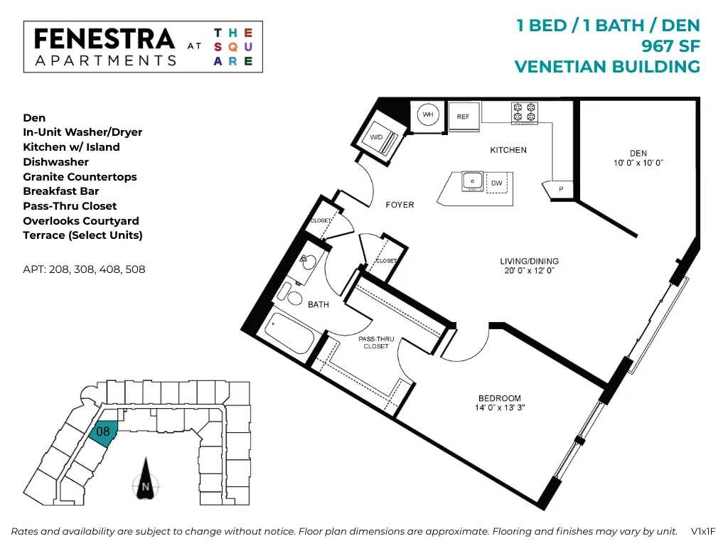 967 SF 1 bedroom, 1 bathroom apartment with den