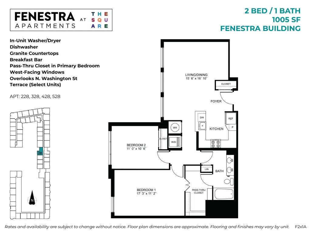 1005 SF 2 bedroom, 1 bathroom apartment