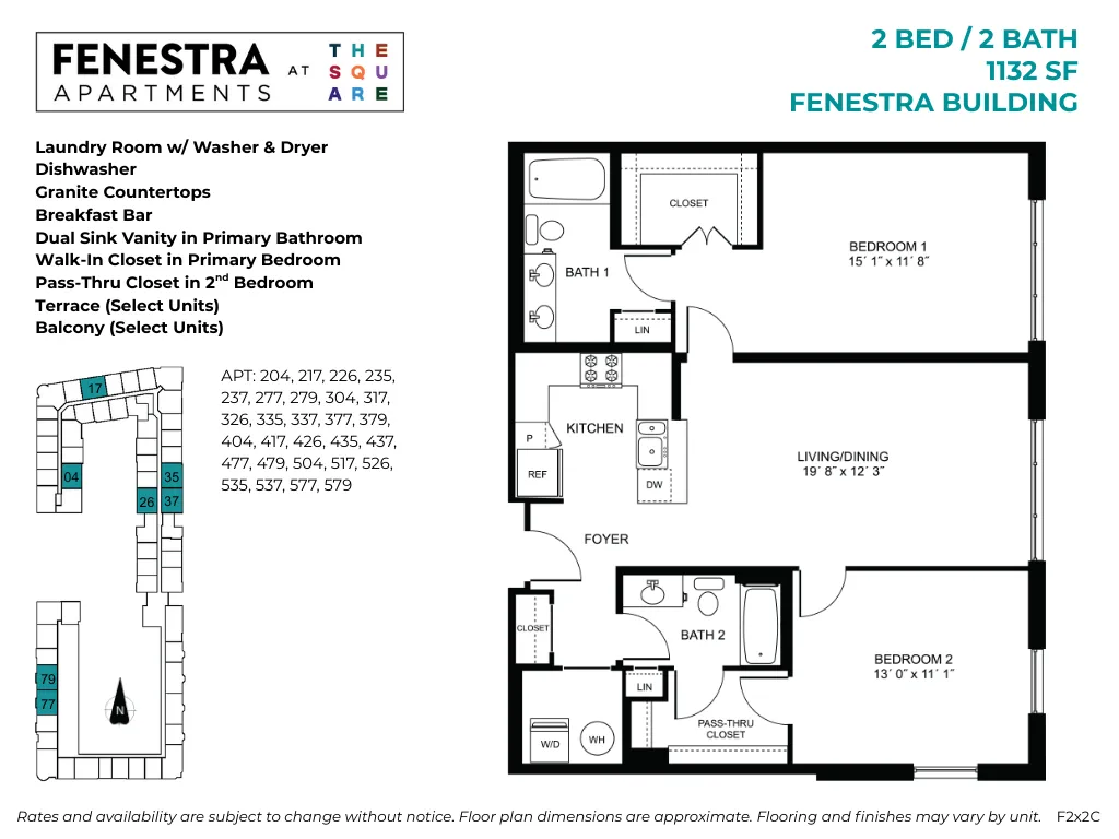 1132 SF 2 bedroom, 2 bathroom apartment